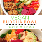 Quinoa power bowl with tempeh and text overlay
