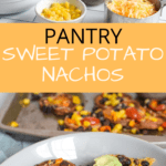 sweet potato nachos on blue plate with text overlay