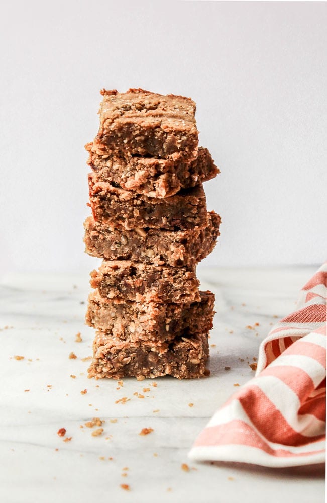 Homemade vegan protein bars stacked on each other