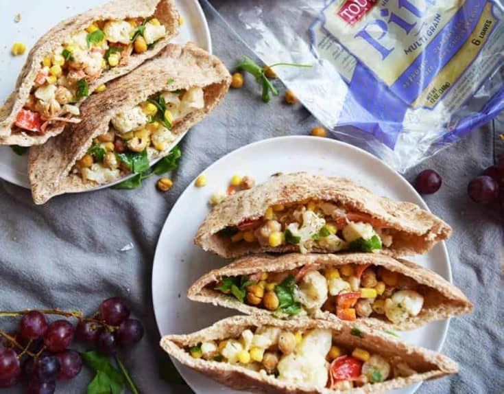 Pitas filled with cauliflower, chickpeas and sweetcorn