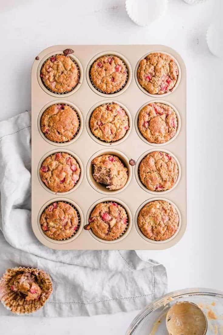 Freshly out of oven, strawberry banana chickpea muffins