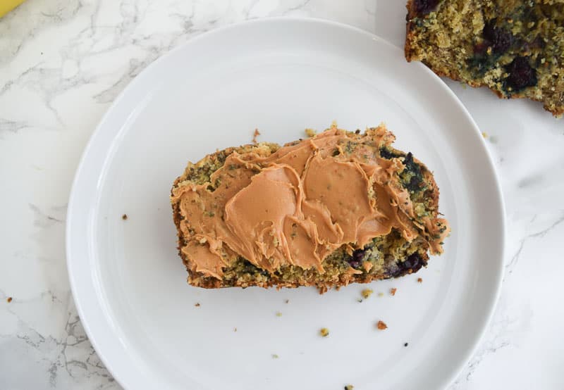 Banana bread with chia seeds topped with peanut butter