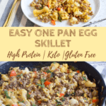 ground beef and eggs in skillet with text overlay