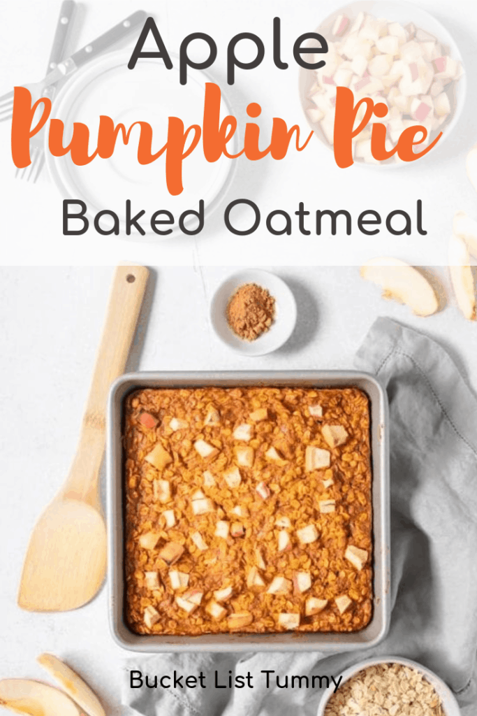 Overhead view of pumpkin pie baked oatmeal with text overlay