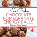 no bake chocolate energy bites with pomegranate seeds on granite countertop