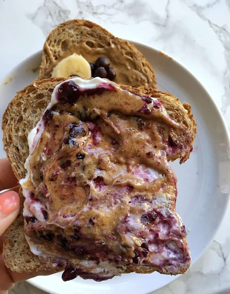 whole wheat toast with peanut butter, yogurt and jelly