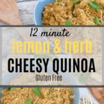 Lemon Quinoa in blue bowl with text overlay