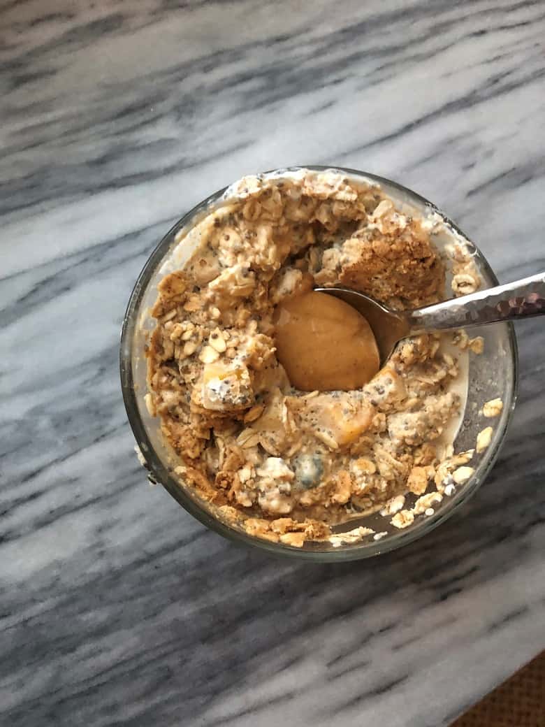 Oatmeal with peanut butter, greek yogurt and chia seeds as pre-race breakfast
