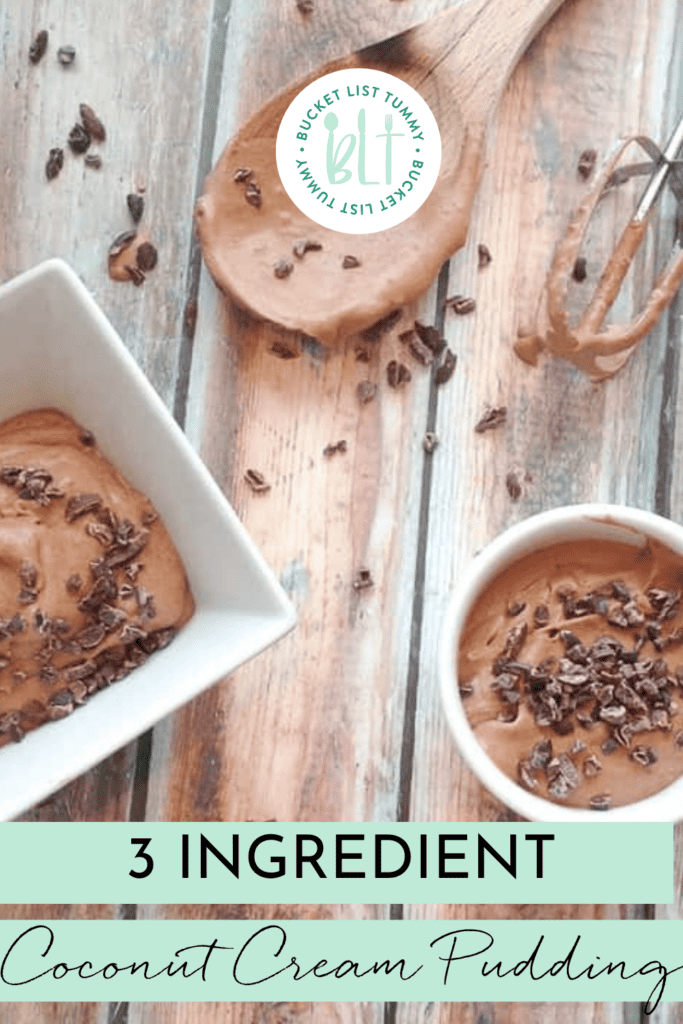 chocolate coconut milk pudding with cocoa nibs on table