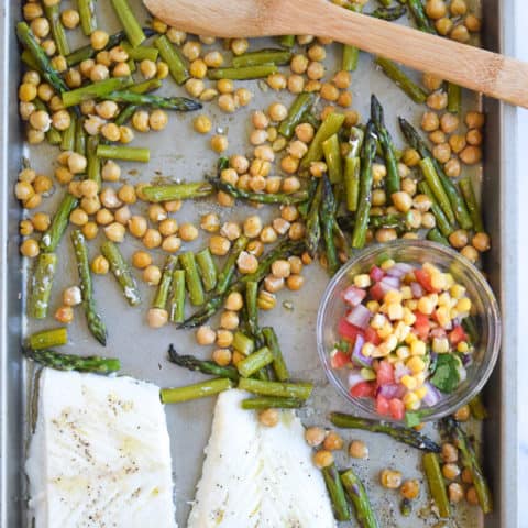 Alaskan Halibut on Sheet Pan with Chickpeas and Asparagus