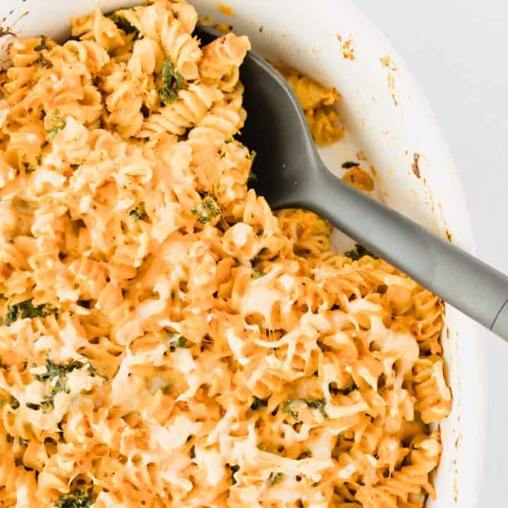 Sweet Potato Mac and Cheese in white serving dish