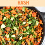 Sweet potato hash in cast iron skillet with text overlay | Bucket List Tummy