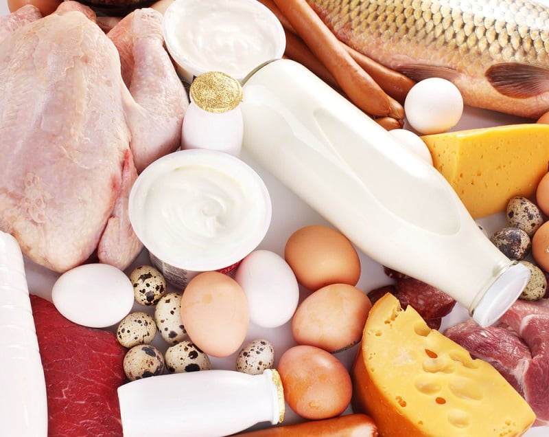Eggs, dairy, meat on table, as foods high in leucine