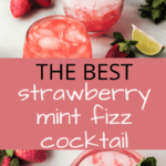overhead shot of strawberry fizz cocktail with text overlay