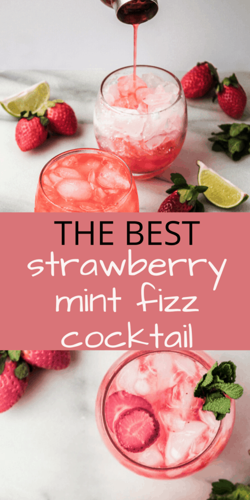 overhead shot of strawberry fizz cocktail with text overlay