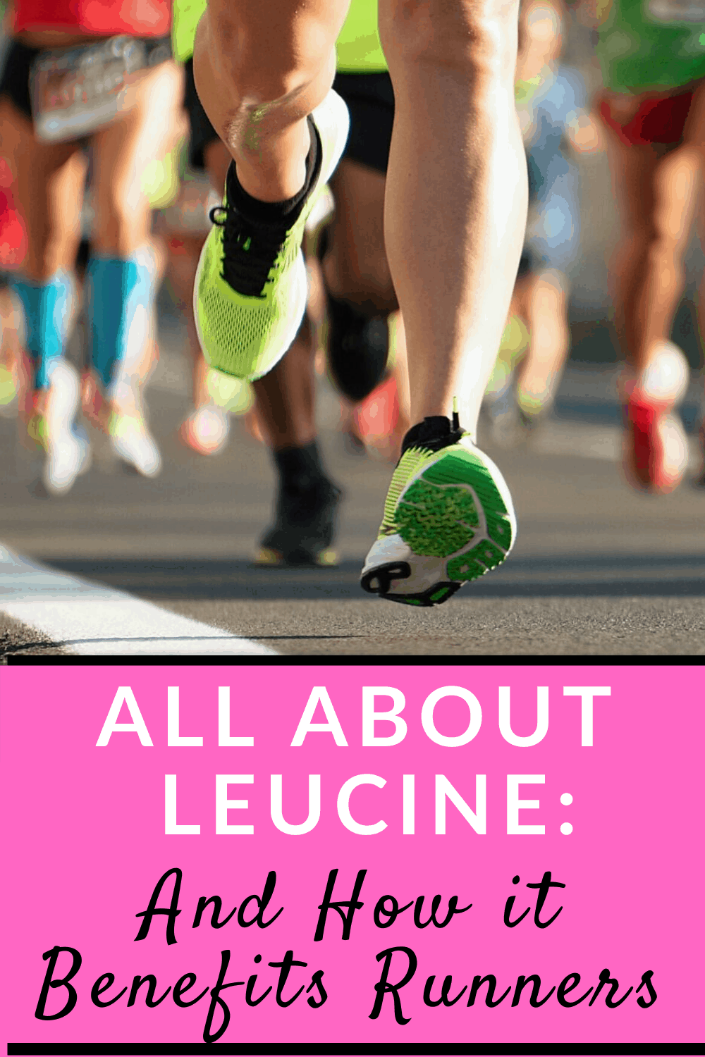 Marathon runners with text overlay about how leucine benefits runners