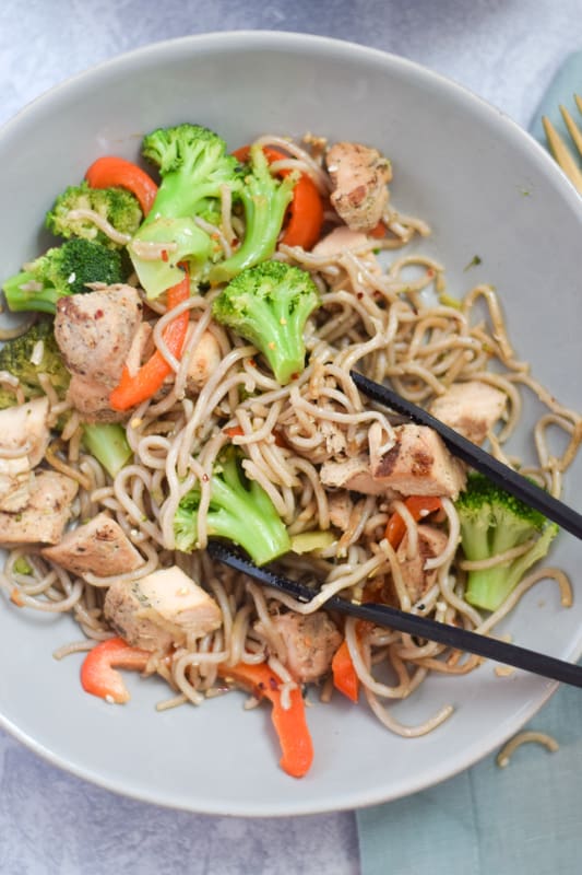Final dish of stir fry egg noodles with chicken and veggies on serving bowl | Bucket List Tummy