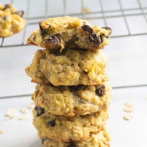 Stack of coconut flour oatmeal cookies with chocolate chips | www.bucketlisttummy.com