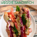 eggplant veggie sandwich with text overlay