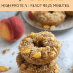 peach whole wheat donuts stacked on background with text overlay