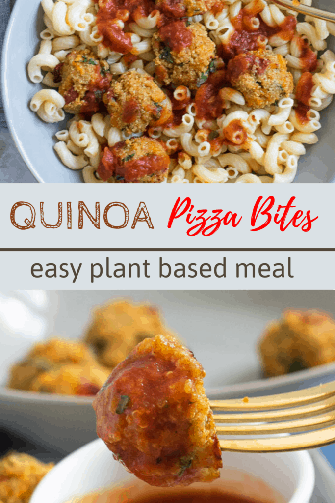 closeup of quinoa pizza bite dipped in sauce with text overlay