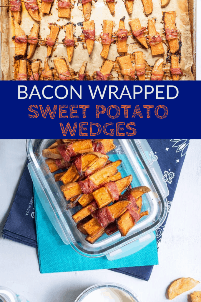 bacon wrapped sweet potatoes in clear tupperware on blue napkin