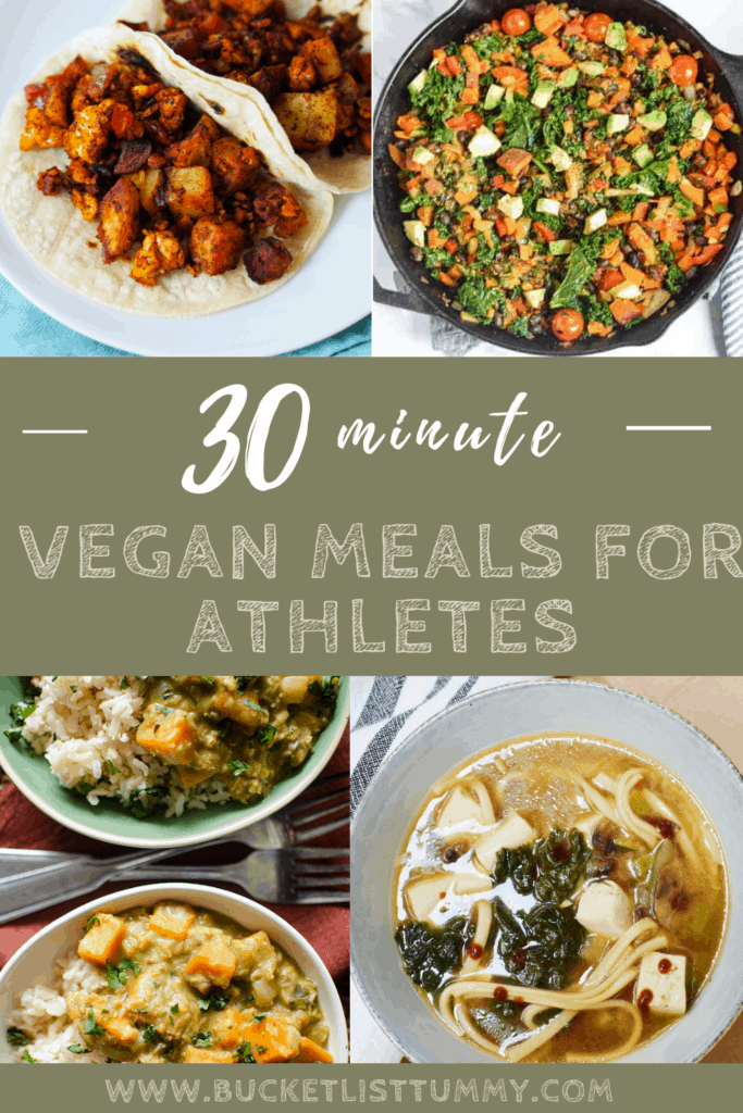 different vegan meals for athletes with text overlay