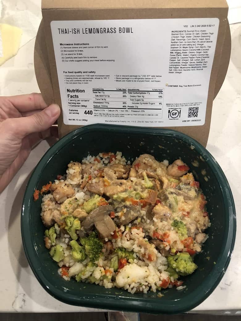 Thai-Ish Lemongrass Bowl with nutrition label and cooked meal from Freshly