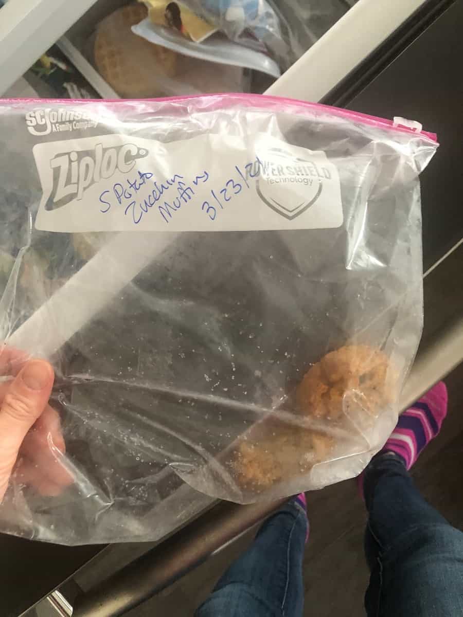 muffin leftovers in ziplock bag in freezer
