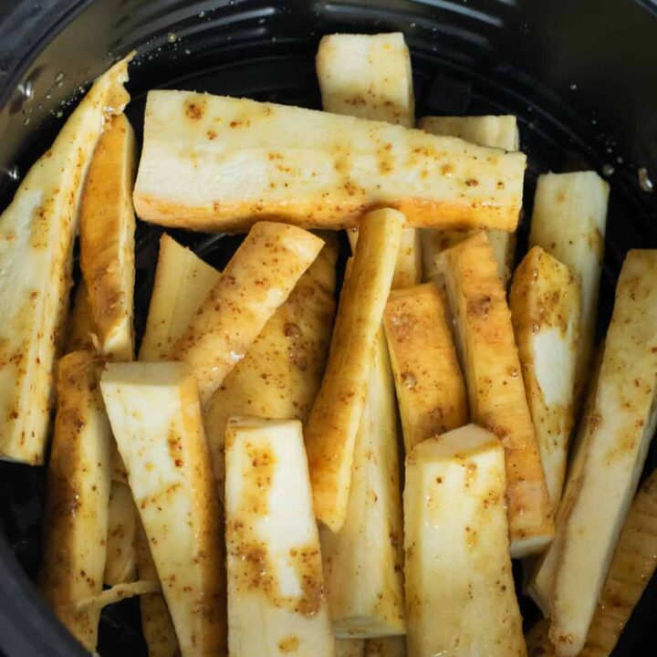 air fryer parsnip fries seasoned with honey mustard in air fryer