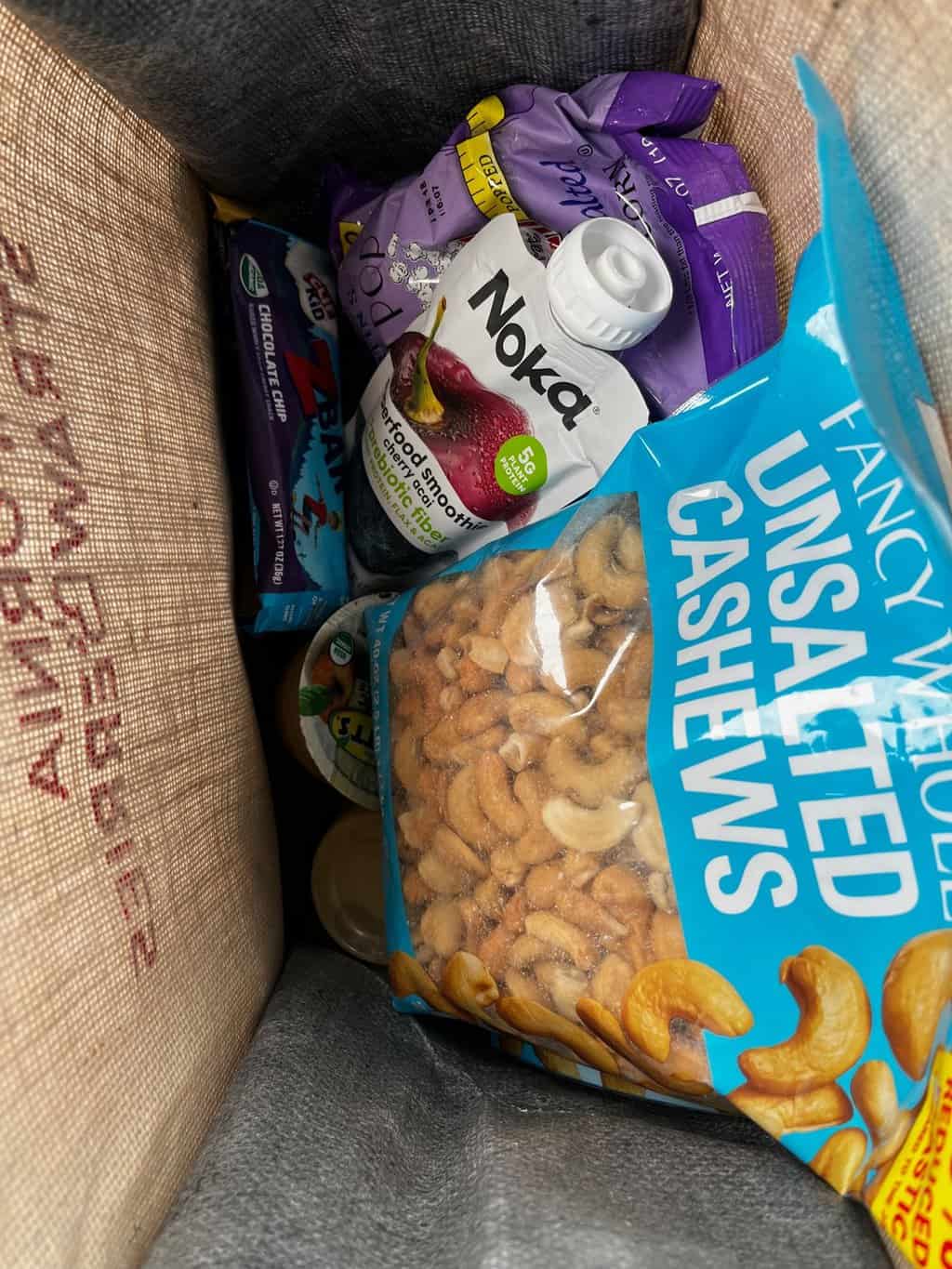 bag with car snacks for kids