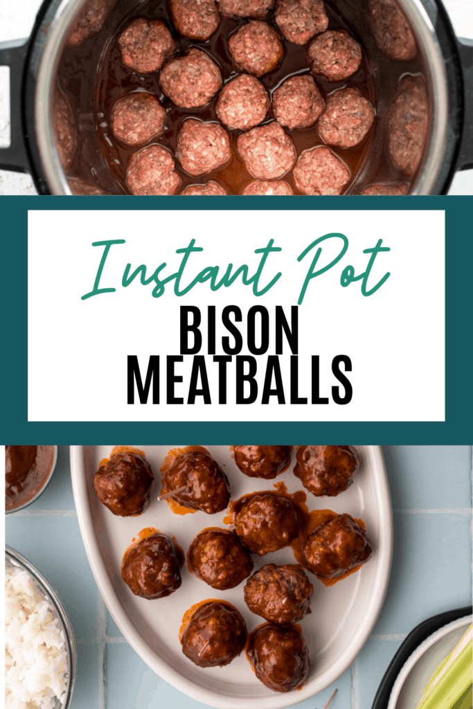 bison meatballs on white plate with text overlay