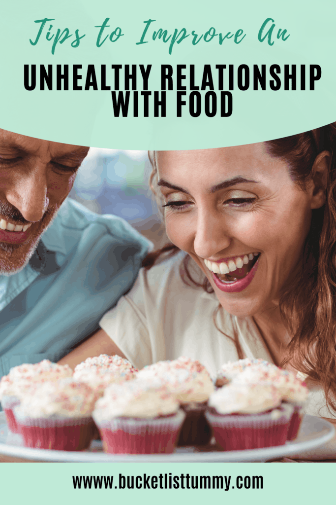 woman and man looking at cupcakes with text overlay about unhealthy relationship with food