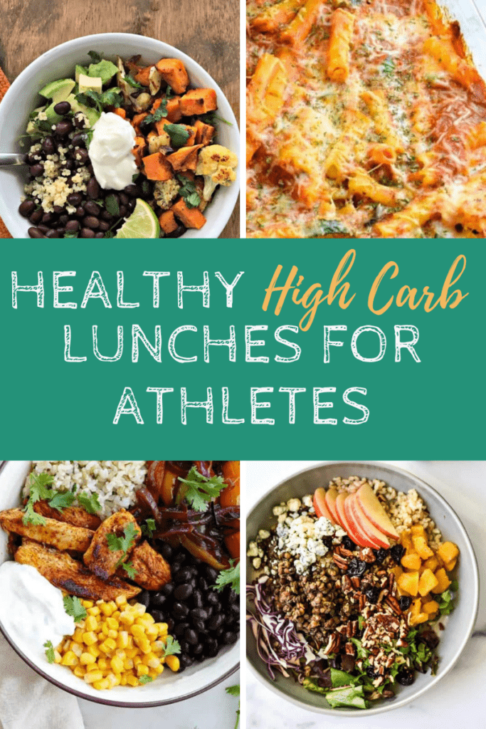 collage with healthy lunches for athletes and text overlay