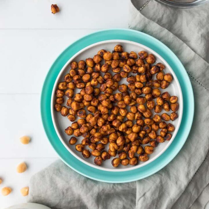 bbq roasted chickpeas in bowl with gray napkin