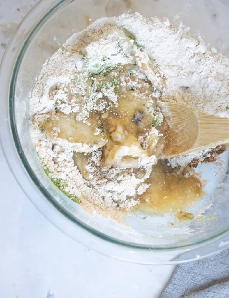 clear bowl with flour and dry ingredients