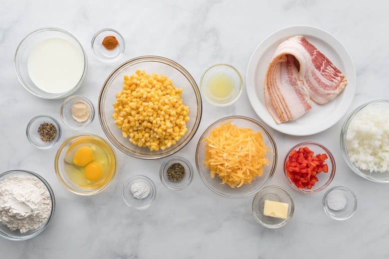individual bowls of ingredients to make bacon corn fritters on countertop
