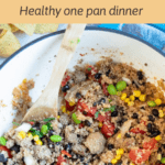 turkey taco quinoa skillet with text overlay
