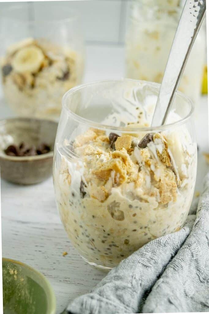 overnight oats with cookie dough pieces, chocolate chips and graham crackers