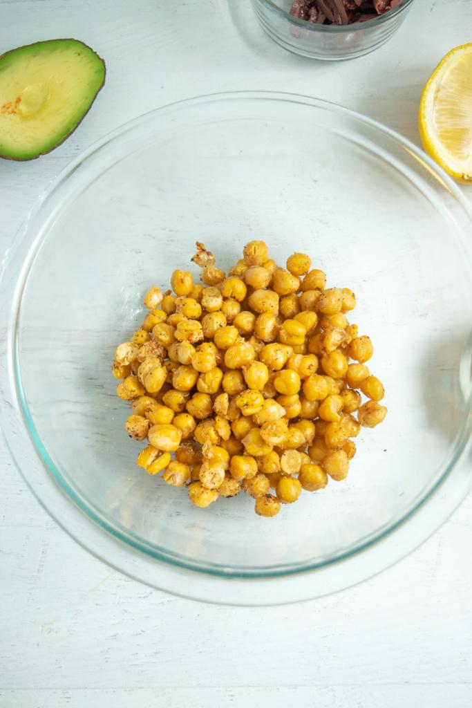 roasted chickpeas in a clear bowl