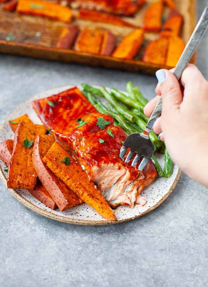 BBQ salmon sheet pan with sweet potatoes