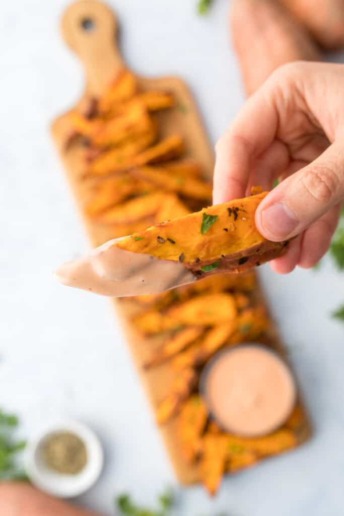 crispy sweetpotato wedges on cutting board