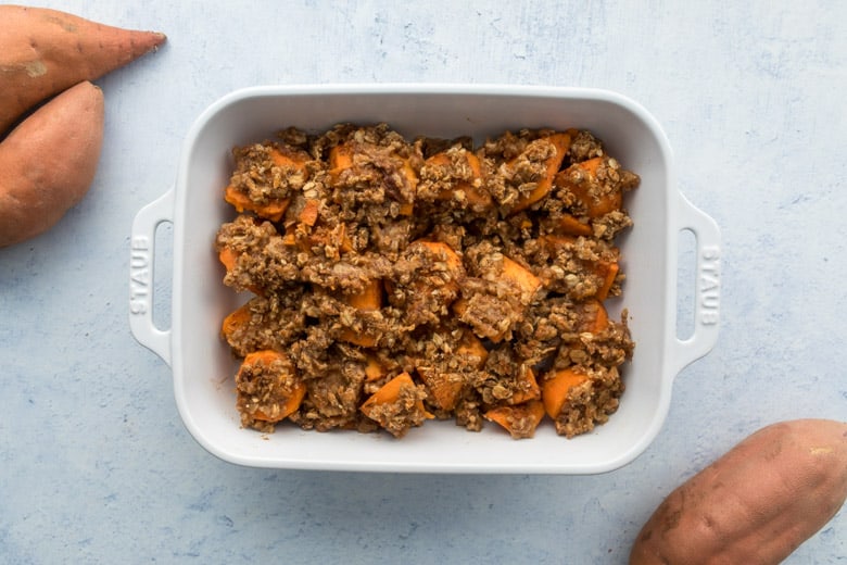 white baking pan with sweet potato casserole from instant pot