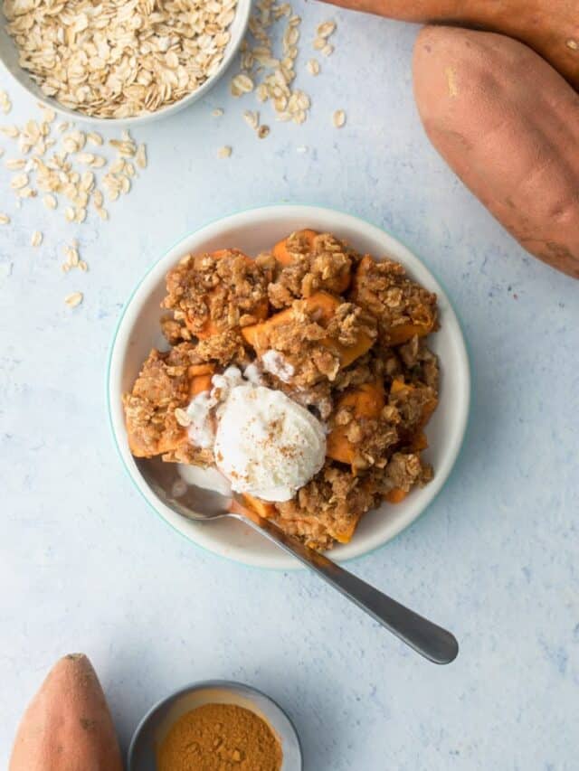 Easy, healthy instant pot sweet potato casserole with ice cream in bowl