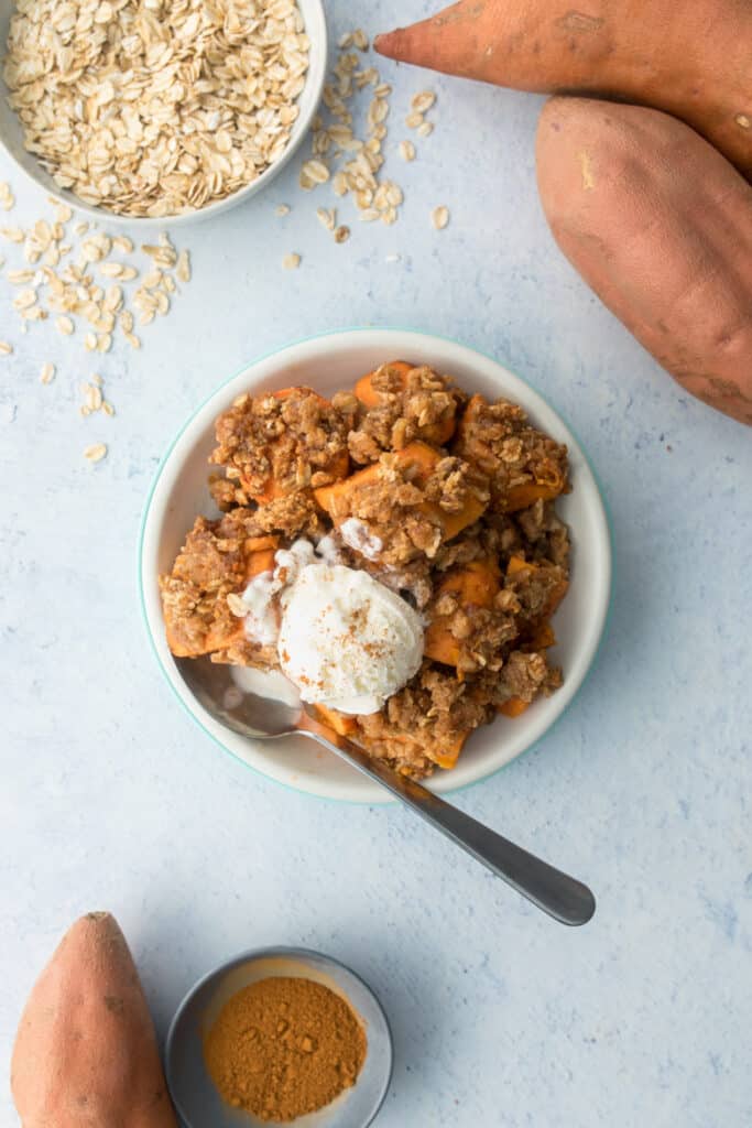 Easy, healthy instant pot sweet potato casserole with ice cream in bowl