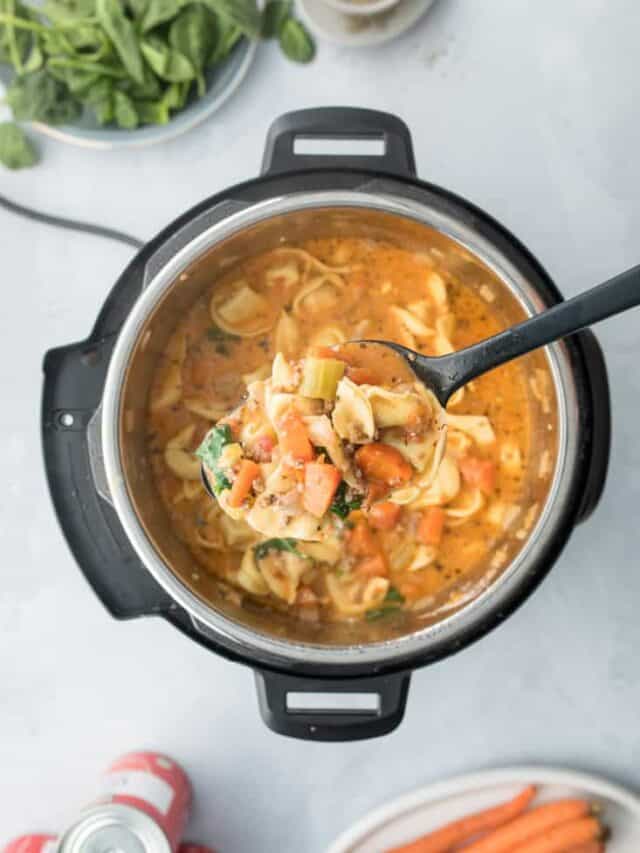 spoon dipping into instant pot tortellini soup