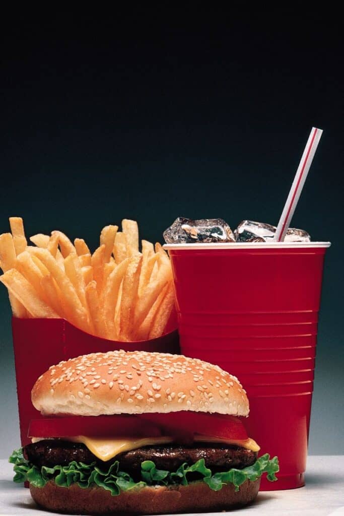soda, french fries and cheeseburger fast food