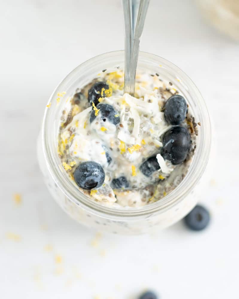 mason jar with chia seeds, blueberries, lemon and greek yogurt