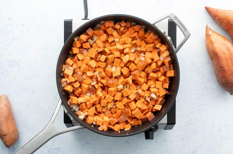 diced sweetpotatoes in skillet