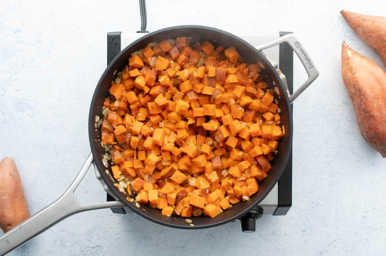 diced sweetpotatoes in skillet